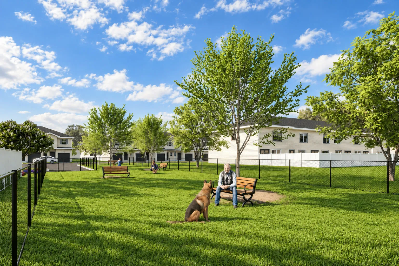 Rendering of fenced dog park with seating at Aurora Oaks in Ocala, FL.